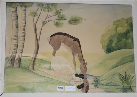 Gillot Woman and deer drinking from a stream 46 x 65cm